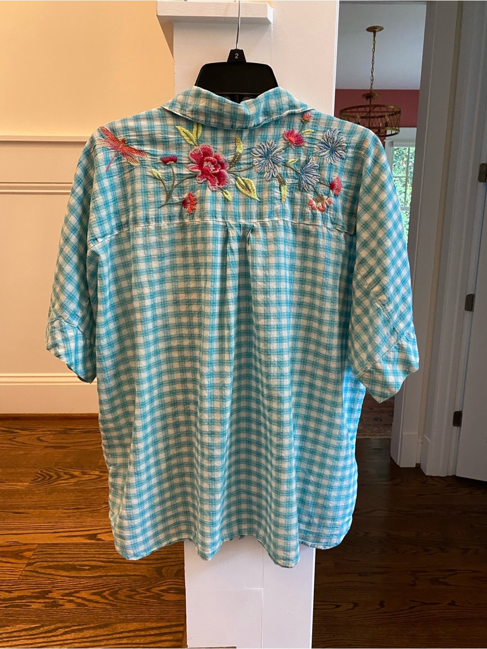 Johnny Was Turquoise Gingham Embroidered Button-Front Blouse , great condition! - Picture 14 of 16